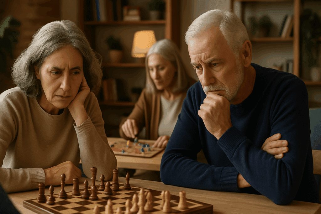 Two older adults engage in a strategic game of chess, while another pair plays a different board game nearby, emphasizing the importance of Top Cognitive Activities for Adults in maintaining mental sharpness and social interaction