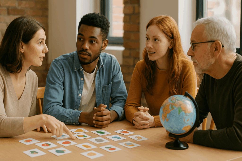 Adults participating in a small-group language learning session, engaged in conversation with flashcards and a globe, showcasing one of the top cognitive activities for adults to boost mental engagement and learning.
