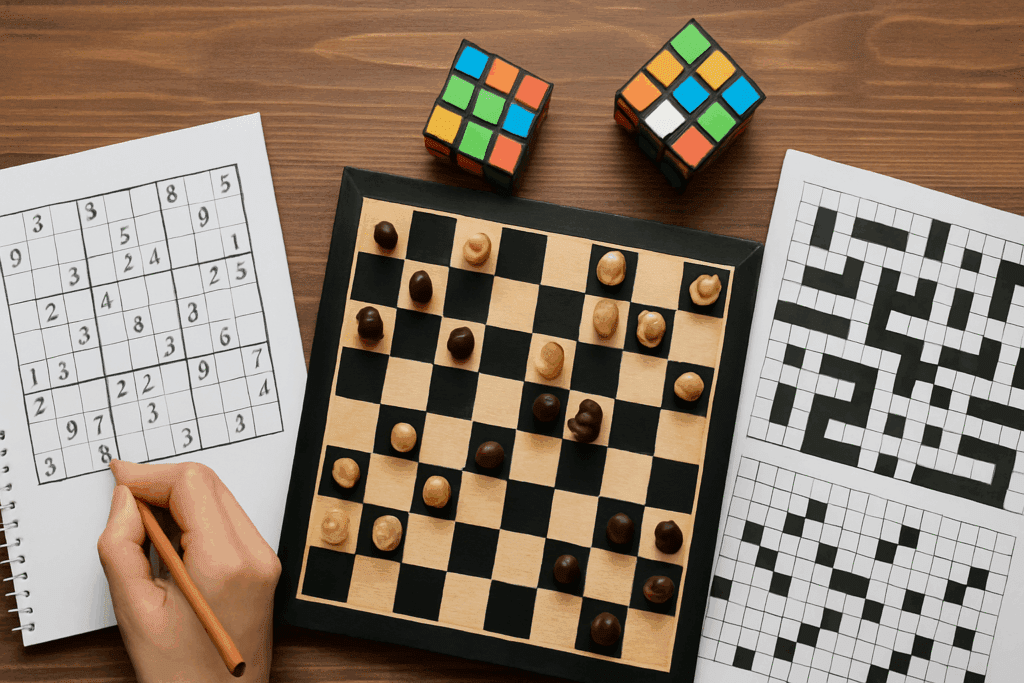 Top Rated Brain Games and Puzzles for Adults including Sudoku, chess, Rubik’s cubes, and crossword puzzles on a wooden table