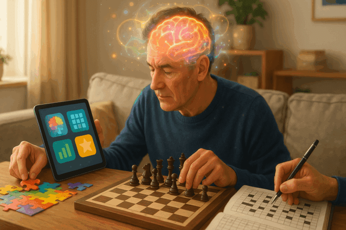 Adult man in a cozy living room solving a colorful jigsaw puzzle, playing chess, using a brain training app, and completing a crossword, illustrating Top Rated Brain Games and Puzzles for Adults.
