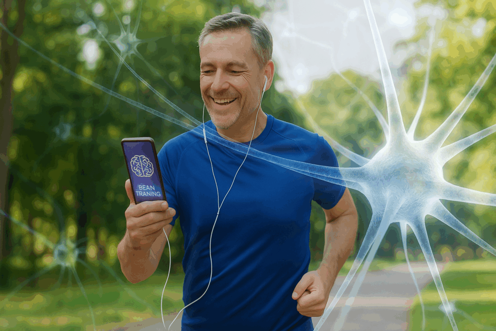 Middle-aged man jogging outdoors while reading a brain training app on his smartphone, with faint neuron imagery in the background, promoting Top Rated Brain Games and Puzzles for Adults.
