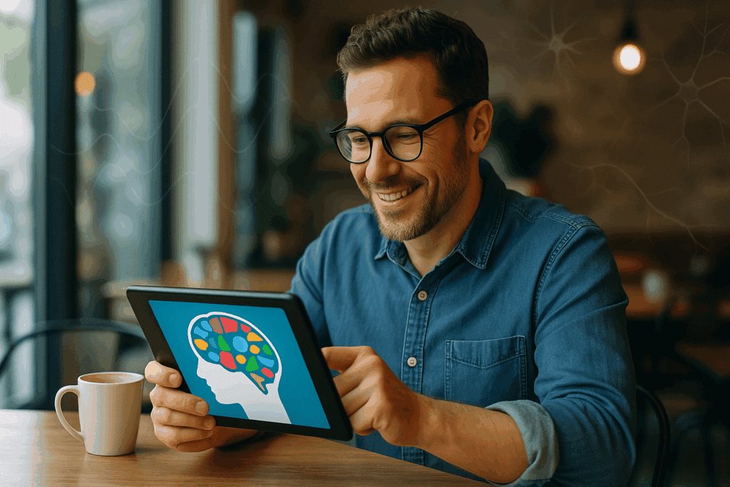 Cheerful adult man using a tablet at a modern café, deeply focused on Top Rated Brain Games and Puzzles for Adults, with subtle brainwave patterns in the background.