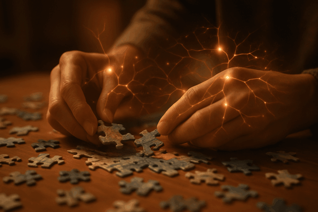 Adult hands carefully assembling intricate jigsaw pieces on a wooden table, symbolizing Top Rated Brain Games and Puzzles for Adults with warm ambient lighting and neural connection effects.