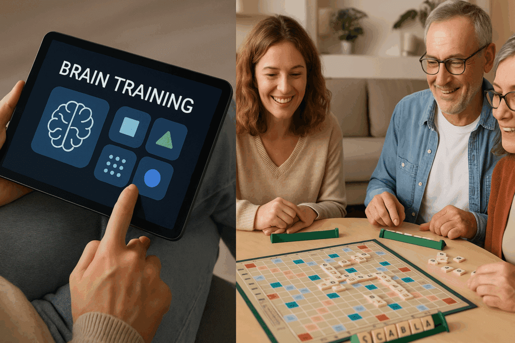 Split-screen showing a person using a tablet for brain-training apps and a group of adults playing Scrabble, illustrating Top Rated Brain Games and Puzzles for Adults.