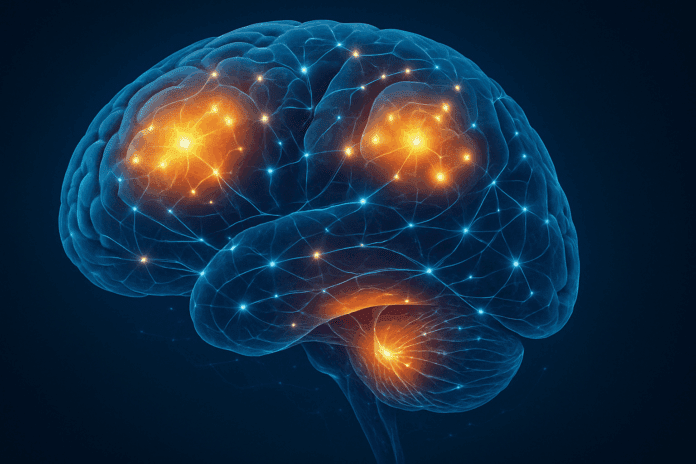 Illustration of a human brain with glowing regions, highlighting the occipital lobe, frontal lobe, and hippocampus to depict what it’s called when your brain processes information, with neural connections symbolizing cognitive activity and interconnectedness.