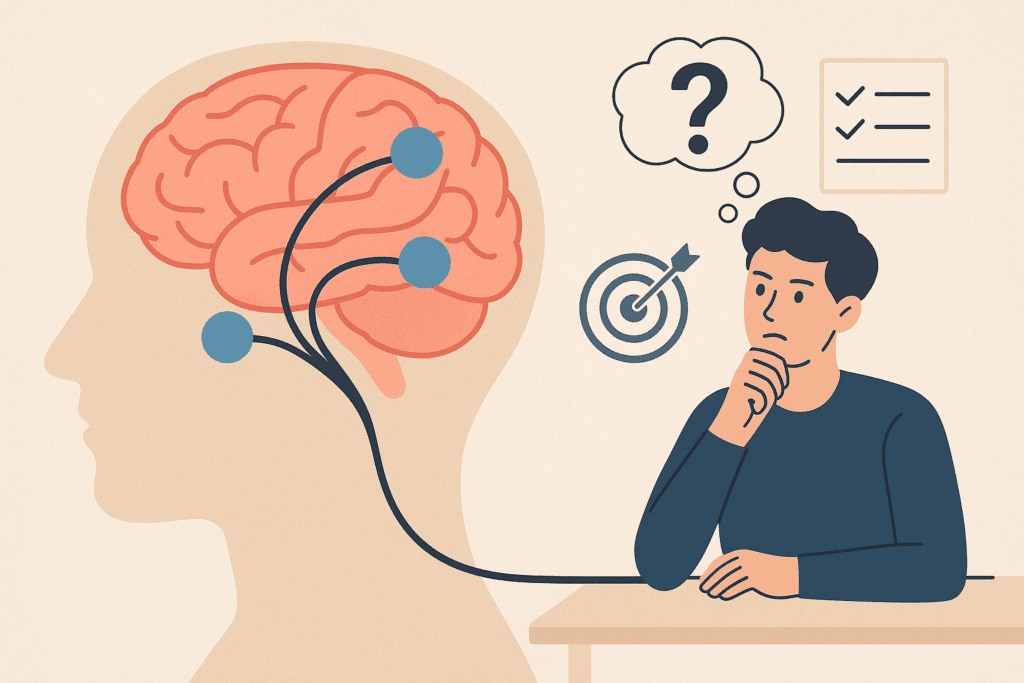 Diagram illustrating the prefrontal cortex's role in executive function and decision-making, showing its connections to brain areas involved in emotional control, goal setting, and cognitive control, symbolized by a person making a decision and planning a task. The image highlights the brain's processing of information, visually representing the cognitive abilities at work.