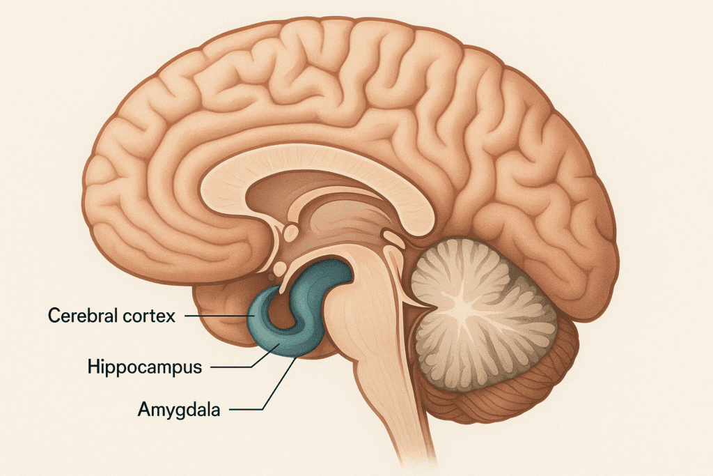 Cross-sectional view of the human brain highlighting key structures such as the cerebral cortex, hippocampus, amygdala, and thalamus, illustrating how the brain processes information. This image visually showcases the complex architecture supporting cognitive functions and brain processing.