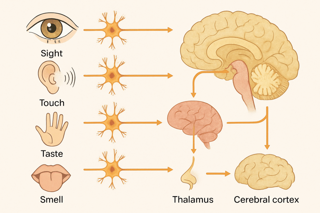 Diagram illustrating how sensory information is processed in the brain. The flow of data from the five senses (sight, hearing, touch, taste, and smell) travels from sensory neurons to the thalamus, and then to the cerebral cortex for interpretation, showing the brain's process of sensory perception.