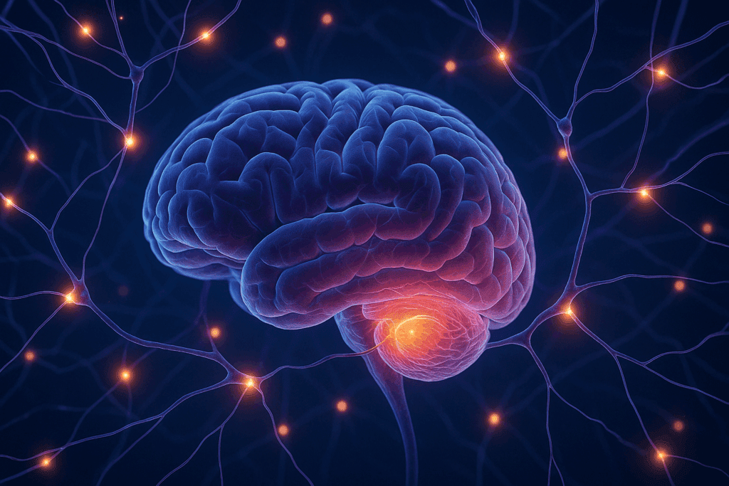Illustration of a human brain with glowing synapses, highlighting neural connections and the hippocampus, representing how the brain processes information, including long-term potentiation and neuroplasticity, showing the brain’s ability to adapt through learning and memory consolidation.