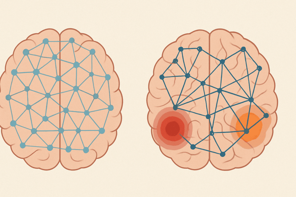 Infographic comparing healthy brain processing with dysregulated brain activity, highlighting overactive regions like the amygdala in anxiety and prefrontal cortex in depression, illustrating what it’s called when your brain processes information differently due to cognitive dysfunction.