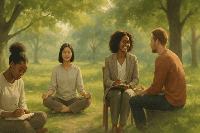 Diverse group of people in a peaceful forest setting illustrating different types of therapy, including meditation, journaling, and counseling.