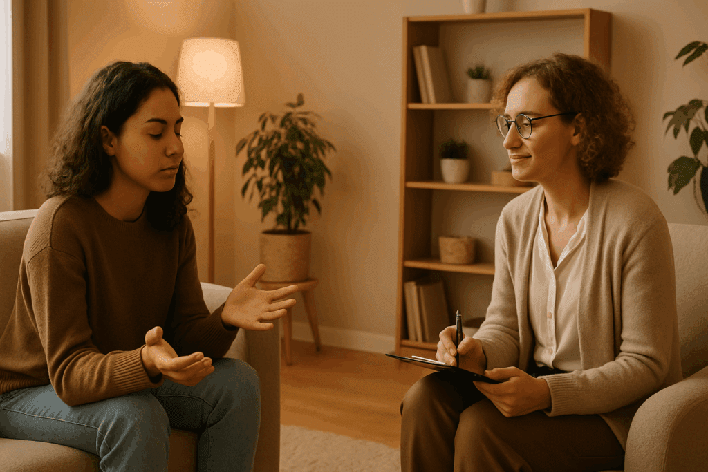 Empathetic therapist listening to a client in a cozy counseling space, illustrating the humanistic approach among different types of therapy.