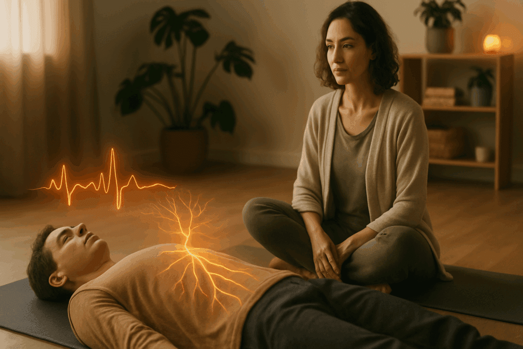 Person receiving somatic therapy on a mat while therapist observes, illustrating different types of therapy for body-based healing.