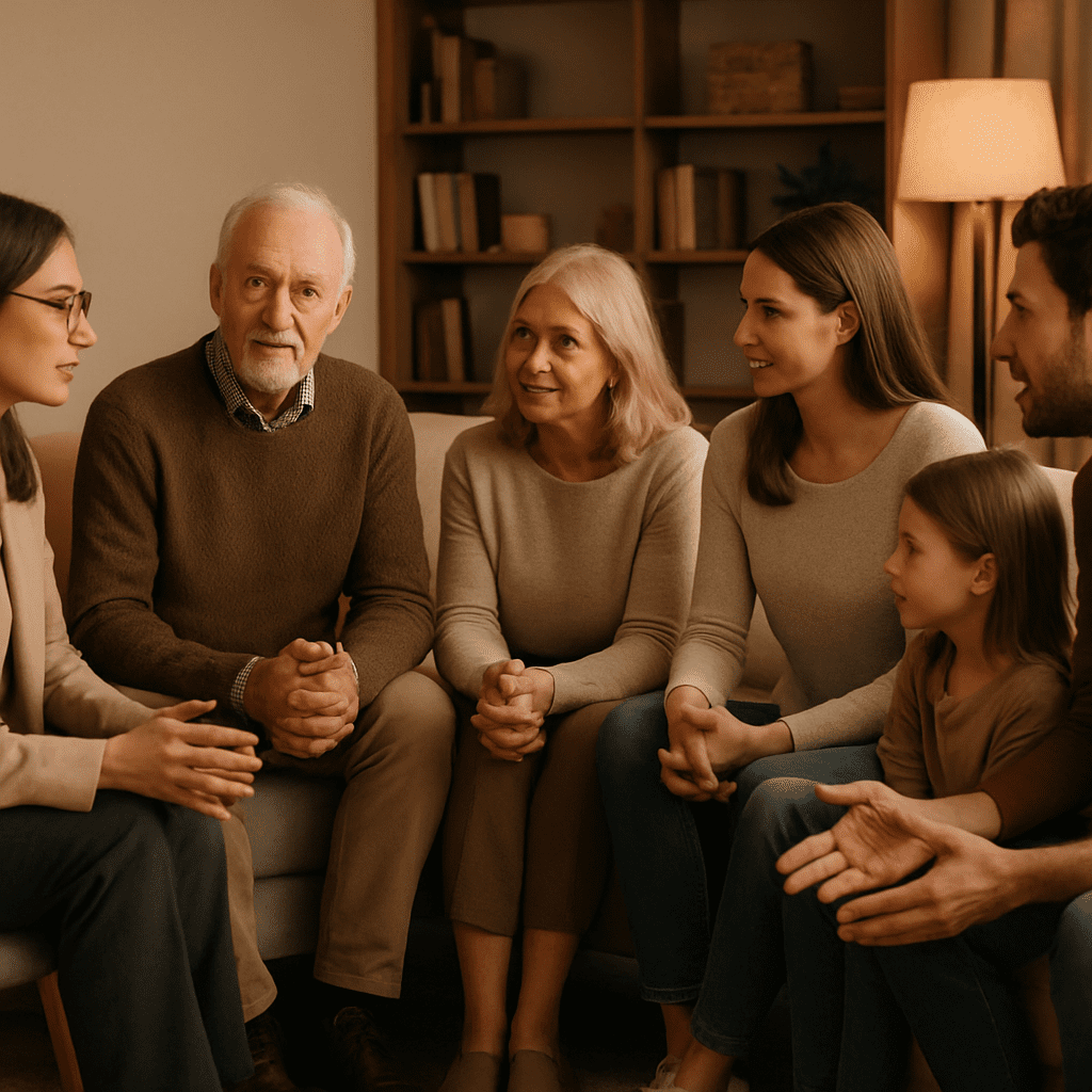 Multi-generational family in a group counseling session with a therapist, representing different types of therapy in a supportive setting.
