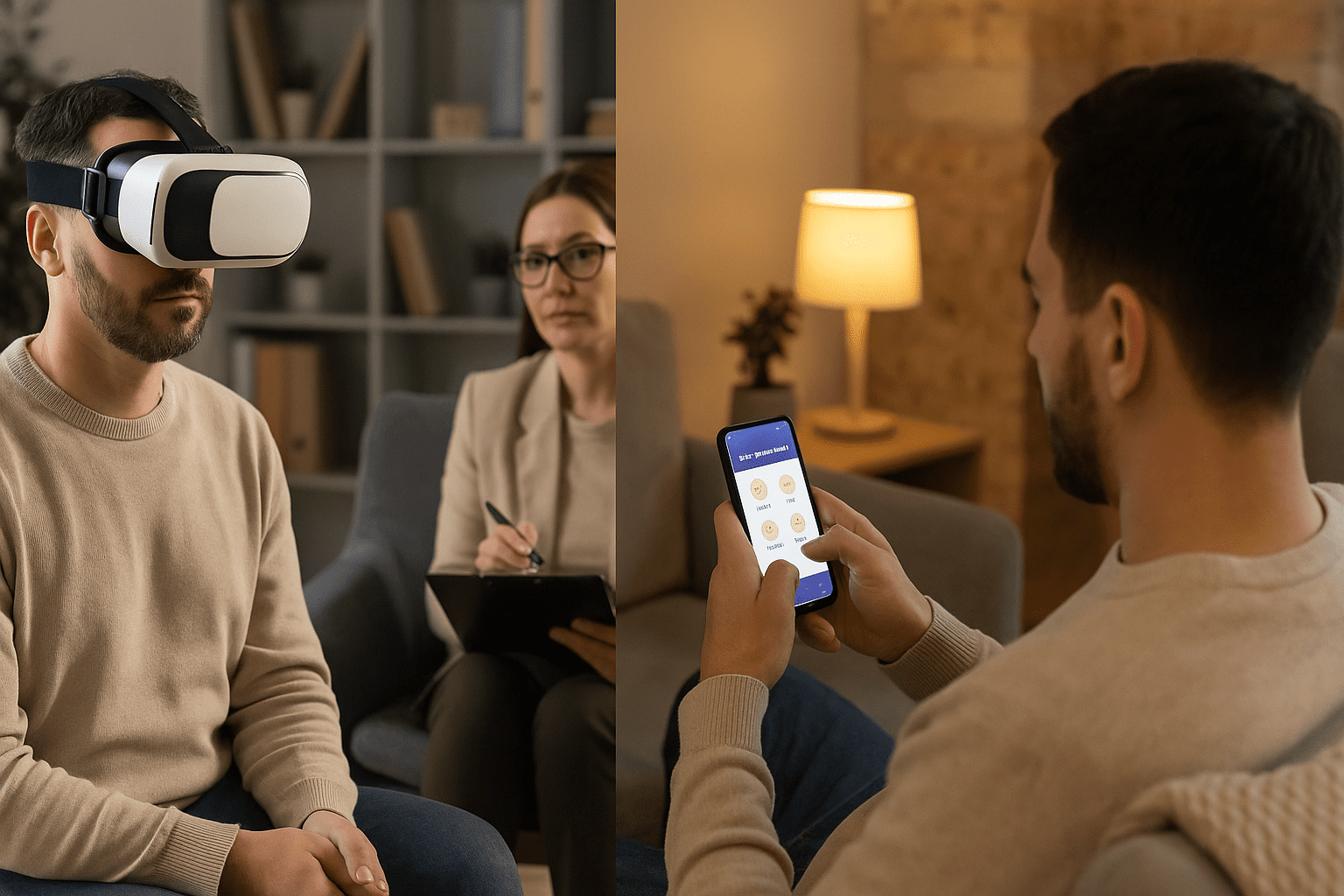 Man exploring different types of therapy through a VR headset in a clinic and a mental health app at home, highlighting digital treatment options.