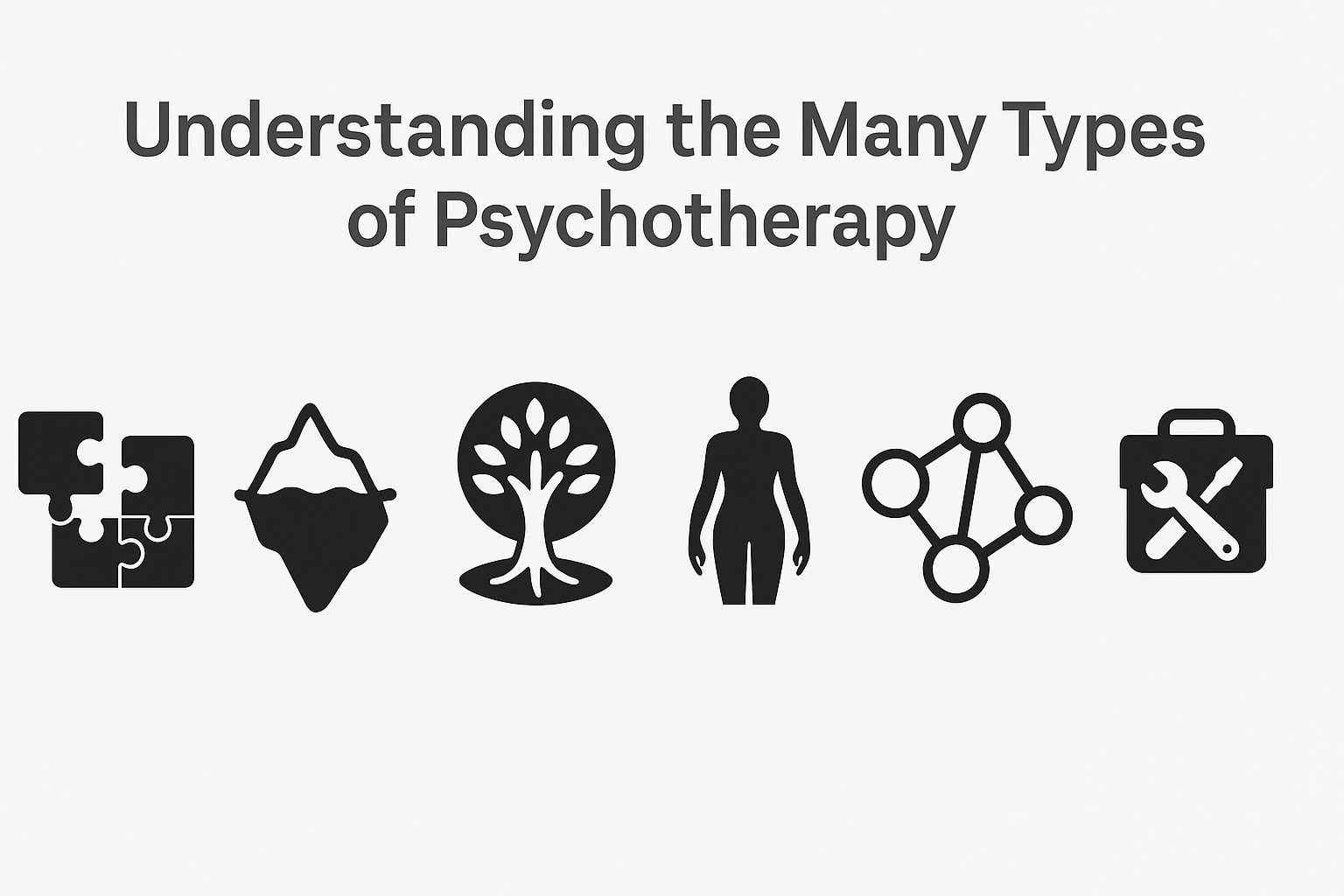 "Icons visually representing different types of therapy including CBT, psychodynamic, humanistic, somatic, systemic, and integrative models"