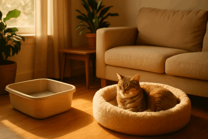 Content cat resting in a plush bed beside a clean litter box in a sunlit, plant-filled living room—ideal for understanding feline behavior.