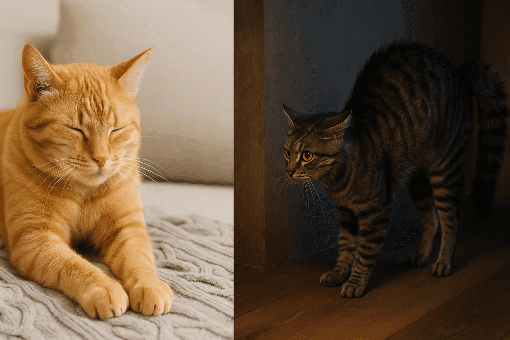 Relaxed cat kneading a blanket beside a stressed, arched-back cat in dim light, illustrating Understanding Feline Behavior.