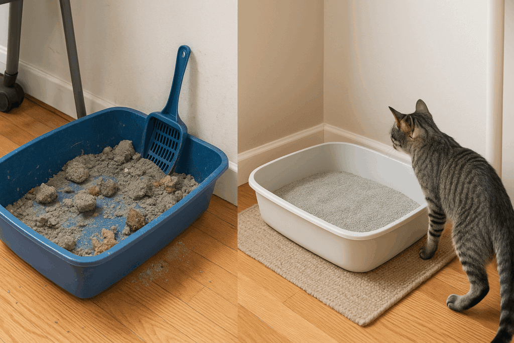 Comparison of two litter box setups illustrating Understanding Feline Behavior: one dirty and noisy, the other clean and quiet with a curious cat inspecting it.