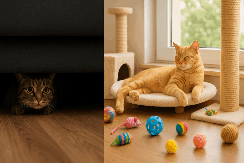 Understanding Feline Behavior through visual contrast of a stressed cat hiding under a couch and a relaxed cat lounging near toys and a window perch