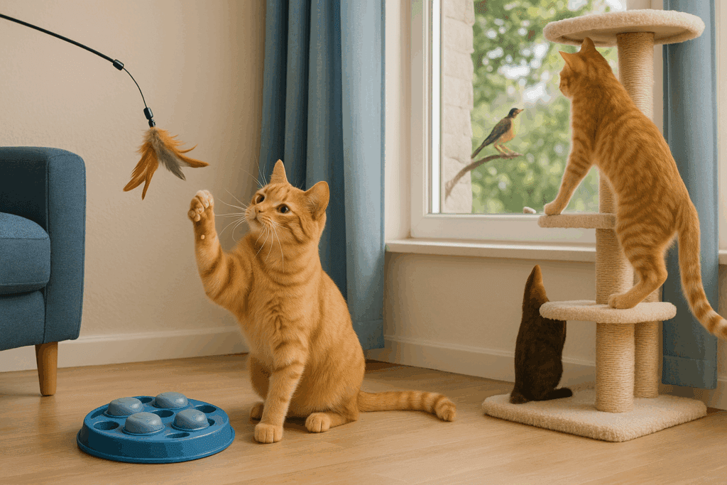 Cat swatting a feather toy while others use a puzzle feeder, climb a cat tree, and watch birds—illustrating Understanding Feline Behavior indoors.
