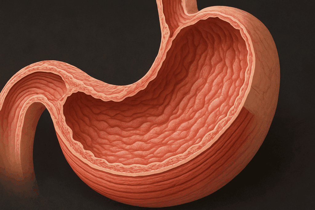 Cross-sectional view of stomach wall layers showing mucosa, submucosa, muscularis externa, and serosa for Understanding Your Stomach