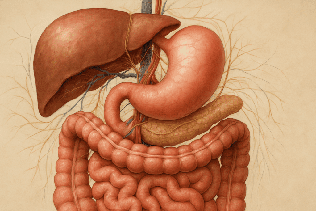 Realistic illustration of digestive organs interconnected by arteries and nerves, supporting the theme of Understanding Your Stomach