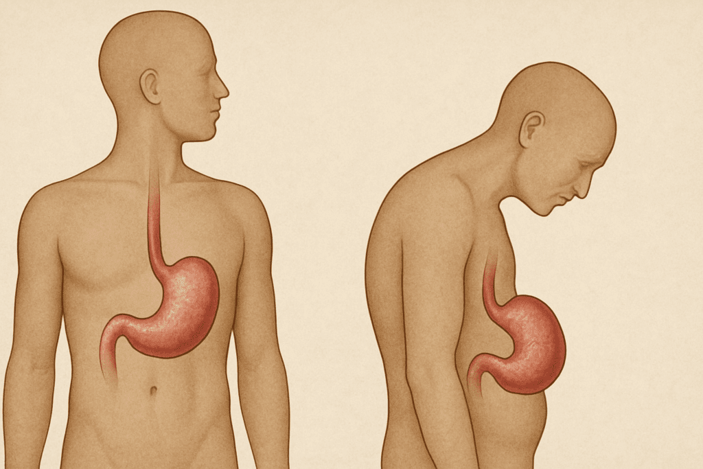 Anatomical diagram comparing a standing and slouched posture to illustrate stomach positioning, enhancing understanding your stomach