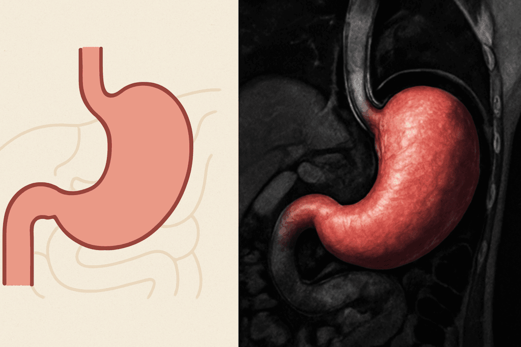 Comparative medical graphic showing a 2D stomach diagram beside a realistic 3D MRI scan, illustrating Understanding Your Stomach.