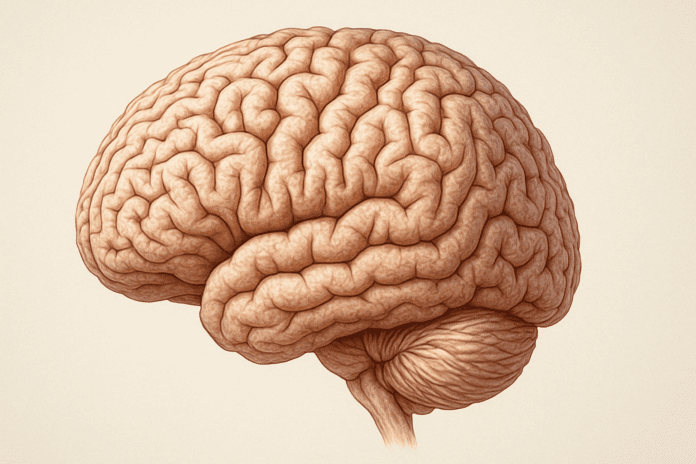 Highly detailed close-up of the human brain highlighting the cerebral cortex, emphasizing its folds (gyri and sulci) and intricate surface, showcasing its role in cognitive functions like memory, reasoning, and consciousness