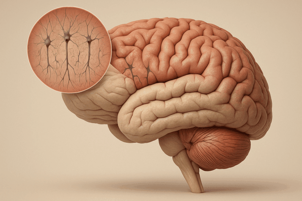 3D anatomical diagram of the human brain highlighting the cerebral cortex, with a focus on its outer gray matter, neuron cell bodies, dendrites, and unmyelinated axons, clearly distinguishing it from the white matter beneath