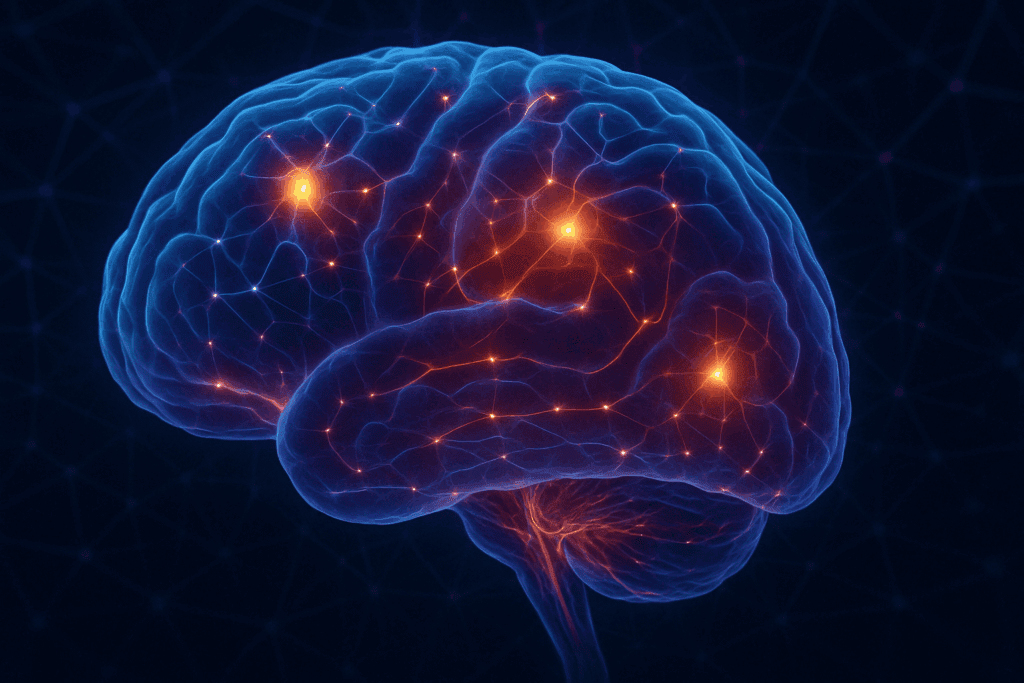 Dynamic neural activity in the cerebral cortex, showcasing complex cognitive functions such as memory, decision-making, and language with interconnected pathways lighting up across the brain's surface.