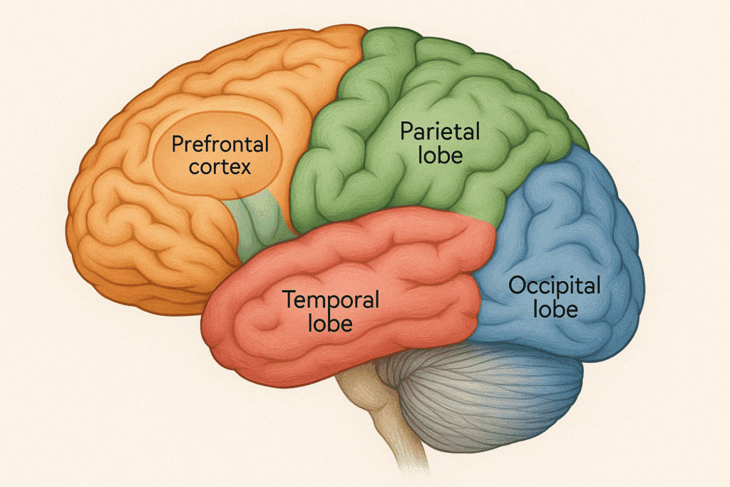 Anatomical diagram of the human brain highlighting the four primary lobes of the cerebral cortex: frontal, parietal, temporal, and occipital, with color-coded sections showing their locations and functional areas like the prefrontal cortex and primary motor cortex.