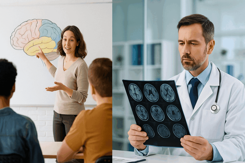 Split-image showing the cerebral cortex in two contexts: a teacher explaining brain anatomy to students in an educational setting, and a doctor examining a brain scan in a clinical environment, illustrating the study of the cerebral cortex in both learning and diagnostic settings.
