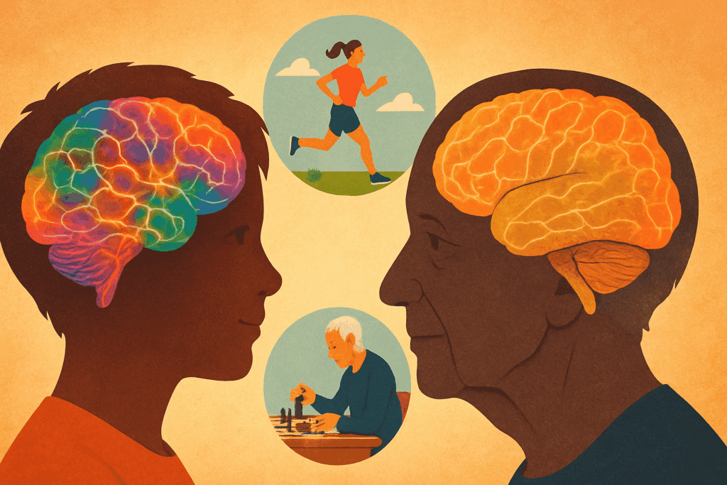 Illustration showing the impact of age and lifestyle on the cerebral cortex, with vibrant brain activity in a young individual contrasted by muted brain activity in an older person. Depicts brain health activities like exercise and cognitive engagement to support the cerebral cortex across the lifespan.