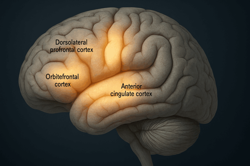 Digital rendering of the frontal lobe in a cross section of the human brain, highlighting regions tied to emotion and executive function.