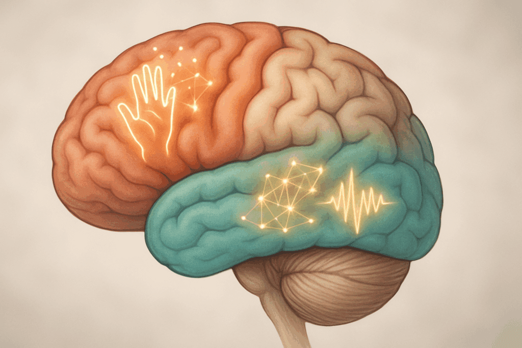 Digital illustration of a cross section of the human brain highlighting the parietal and temporal lobes with glowing neural pathways for touch, memory, and language.