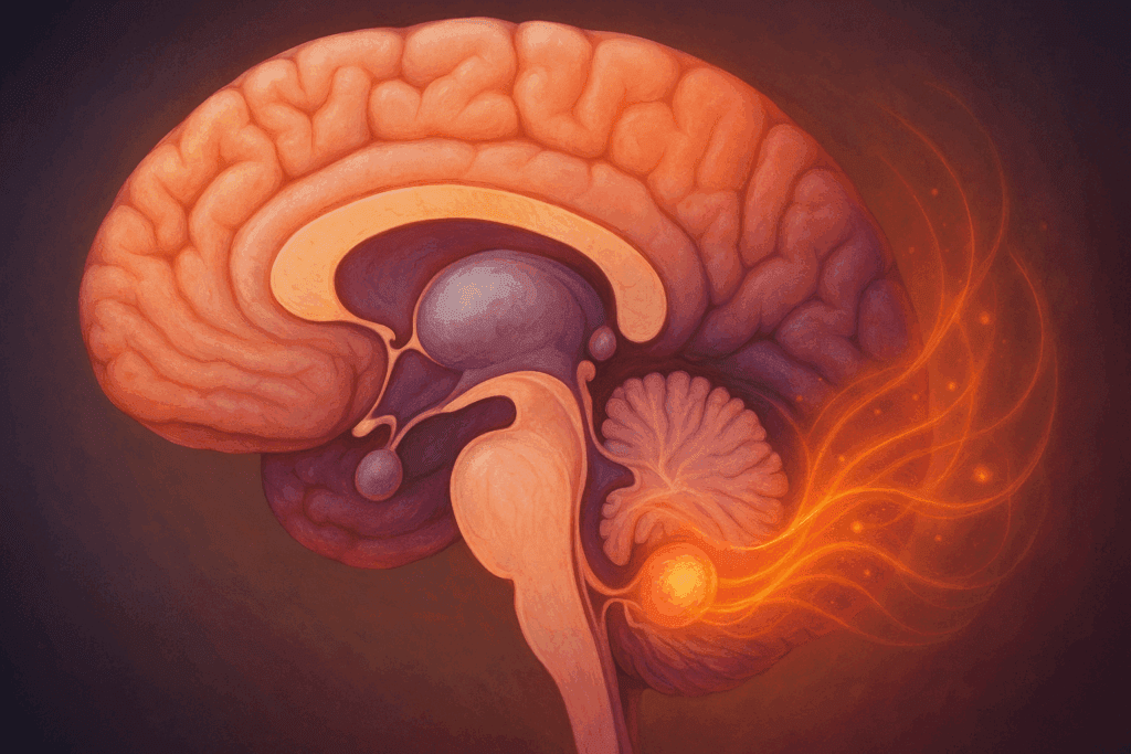 Color-enhanced cross section of the human brain showing the limbic system with glowing amygdala, hippocampus, thalamus, and hypothalamus.