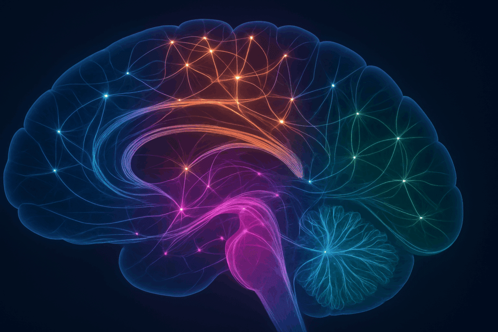 3D infographic of the connectome showing neural pathways and networks in a horizontal cross section of the human brain.
