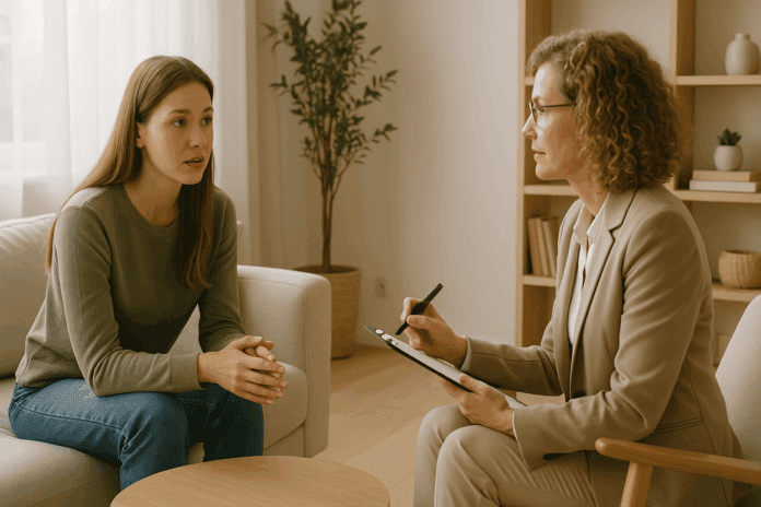 Client and therapist in a supportive counseling session symbolizing the early stages of CBT in a bright, calming therapy room.