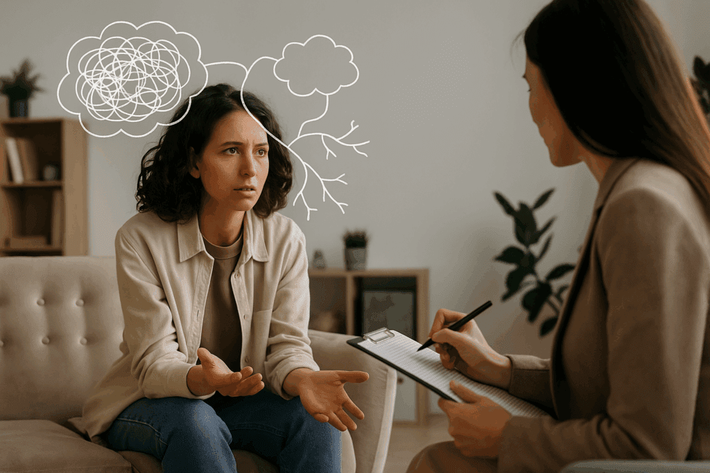 Therapist taking notes during a session with a client, visualizing thought patterns to illustrate early stages of CBT.