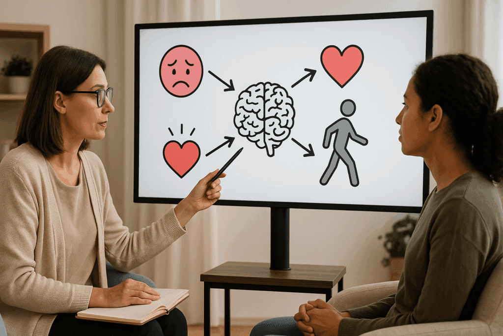 Therapist and client discussing the stages of CBT using a digital display showing brain, emotion, and behavior icons with connecting arrows