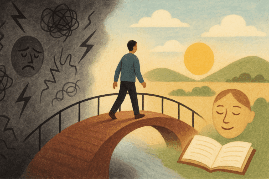 Person walking across a bridge from a chaotic mental landscape to a calm scene, symbolizing the stages of CBT transforming distorted thoughts into balanced perspectives