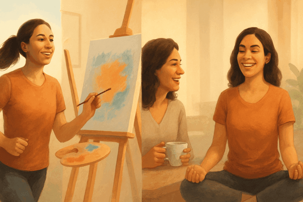 Woman moving through stages of CBT, shown jogging, painting, socializing, and meditating in a hopeful progression of daily activities.