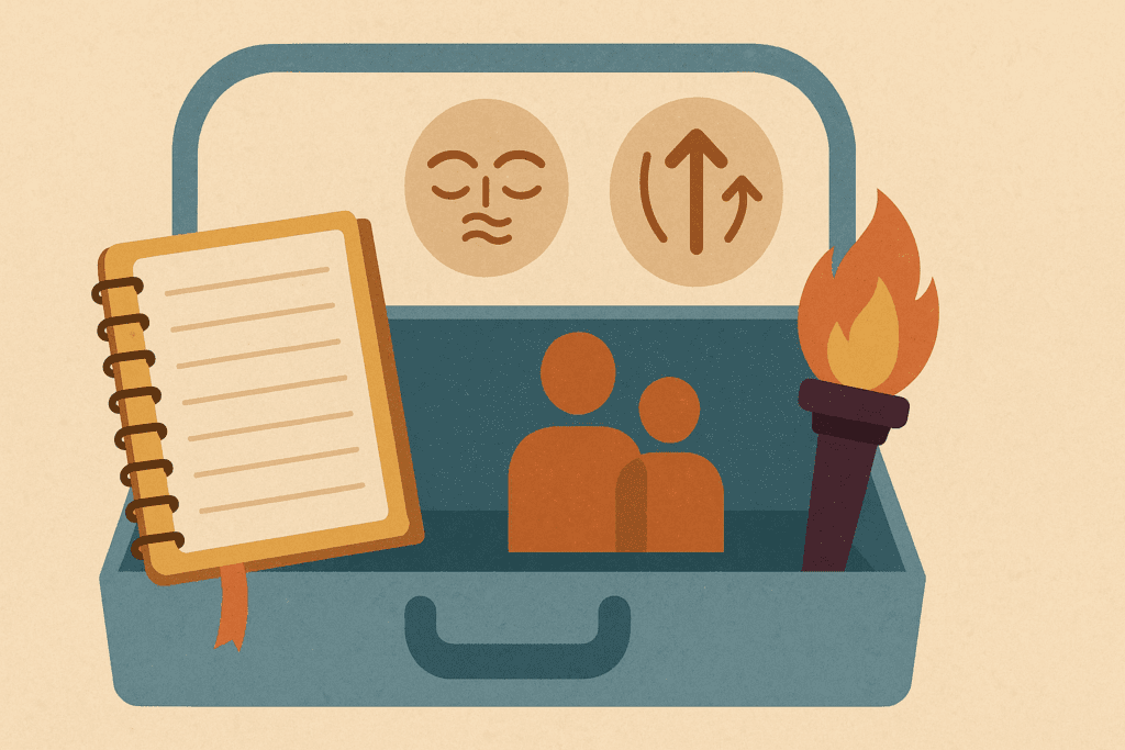 Flat-style digital illustration of a personal resilience toolkit featuring a journal, deep breathing icons, support figures, and symbols of inner strength like a torch and compass, representing tools used across different stages of CBT.