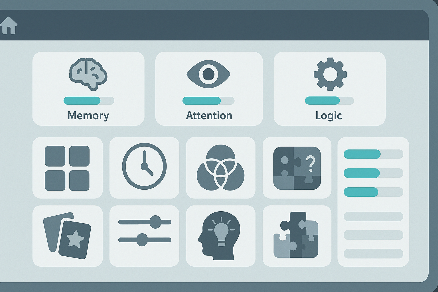 Digital interface of a brain-training app showcasing the best brain games for adults with progress tracking and game icons for memory, attention, and logic exercises.