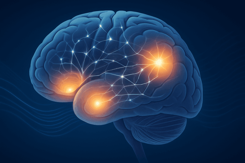 Illustration of a human brain with glowing highlights around the hippocampus and prefrontal cortex, depicting neural activity and emotional regulation, showcasing how best brain games for adults stimulate cognitive function and mental clarity
