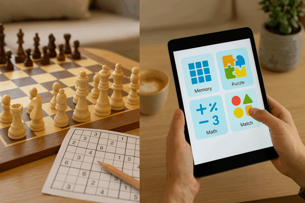 Split-screen image contrasting traditional brain games for adults, including a chessboard and Sudoku puzzle, with a modern brain-training app displayed on a tablet, showcasing the best brain games for adults for mental stimulation.