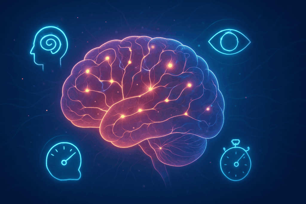 Stylized human brain with glowing neural connections representing the best brain games for adults, surrounded by abstract icons symbolizing memory, attention, and processing speed, conveying neuroplasticity in action.