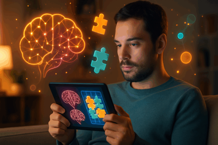 Man playing one of the best brain games for adults on a tablet in a cozy living room, surrounded by glowing neural and puzzle graphics.